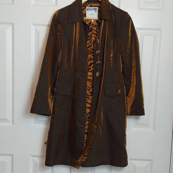 Moschino Metallic Animal Print Lined Trench Coat Sz 6 - Picture 2 of 8
